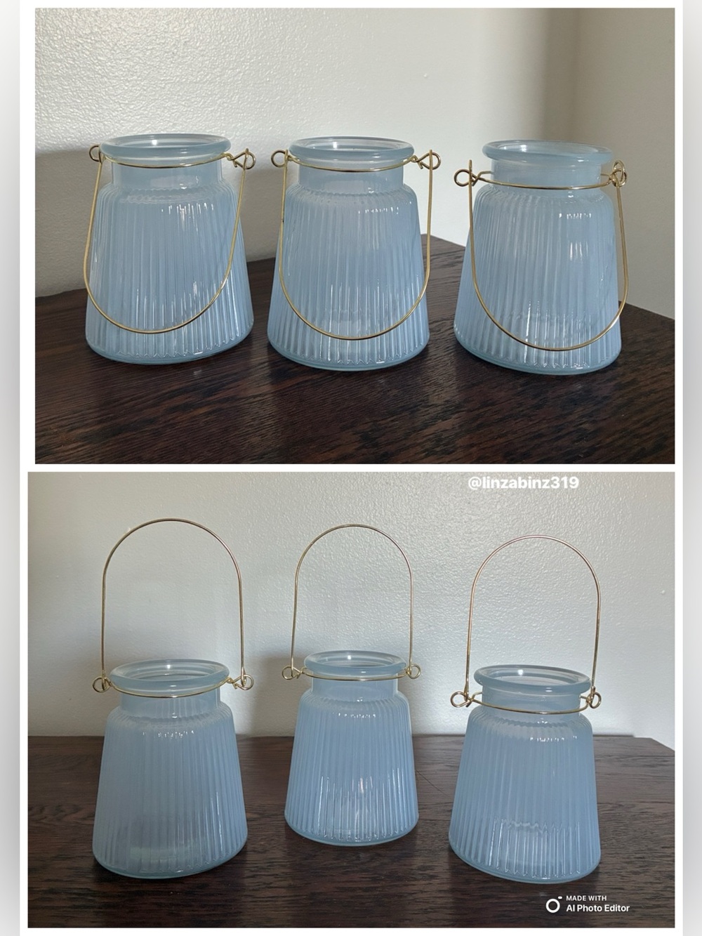 NWT- Set of 3- Light Blue Ribbed Glass Candle Holder Lanterns with Gold Handles